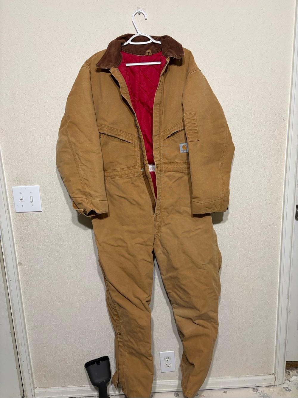 Carhartt Tan/Brown Canvas Insulated One-Piece with Red Lining